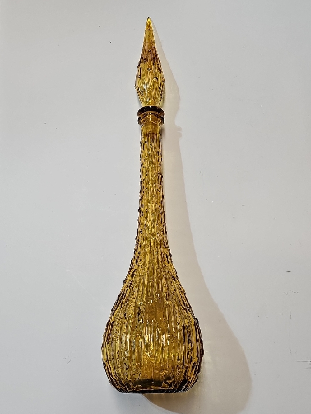 Vintage Amber Wax Drip Bamboo Bark Empoli Glass Decanter Genie Bottle w/ Stopper